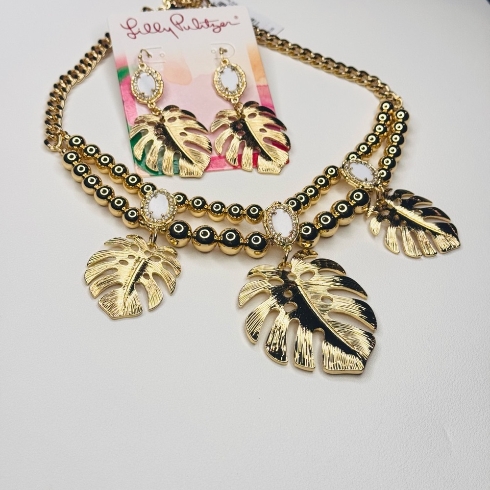 Lilly Pulitzer Set Gold Monstera Leaf Statement Neck & Earring Set